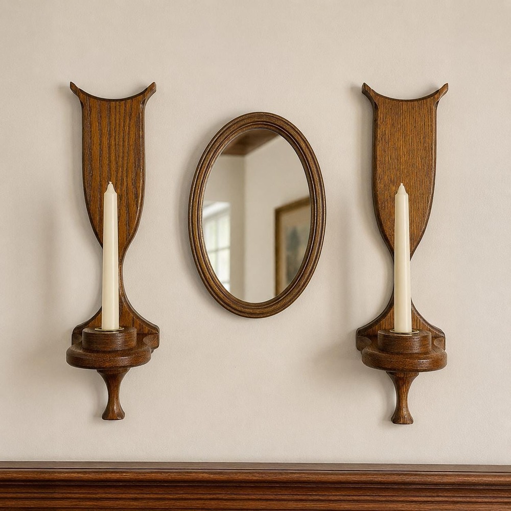 Vintage Oak Wall Candle Sconces Pair Brass Taper Cups Colonial Farmhouse Wood